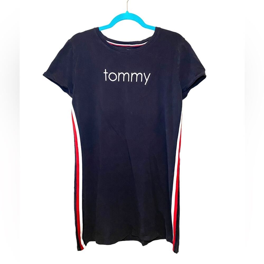 Tommy Hilfiger Navy T Shirt Dress Logo Side Stripe Sporty Large